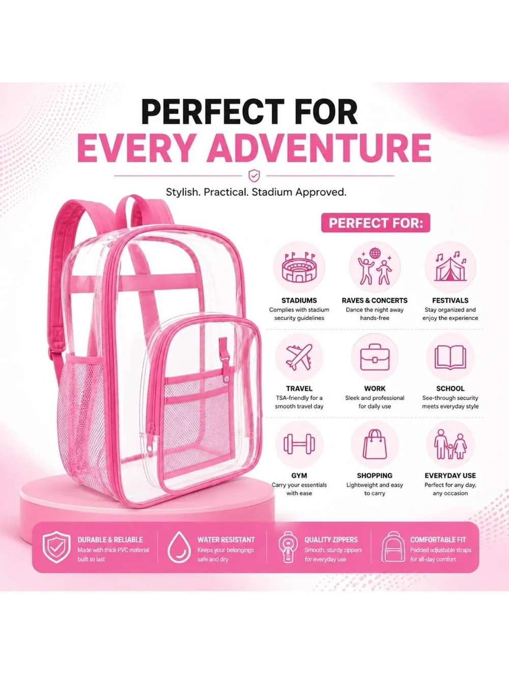 New In Package! Clear Black PVC Backpack